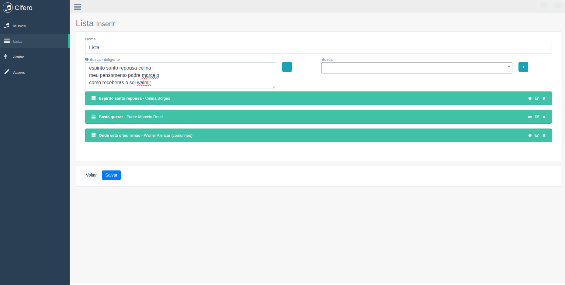 Tela web do Cifero para criar e organizar listas de m&uacute;sicas
