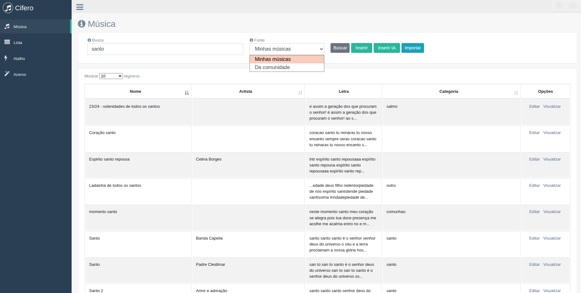 Tela web do Cifero com busca de m&uacute;sicas e cifras da comunidade